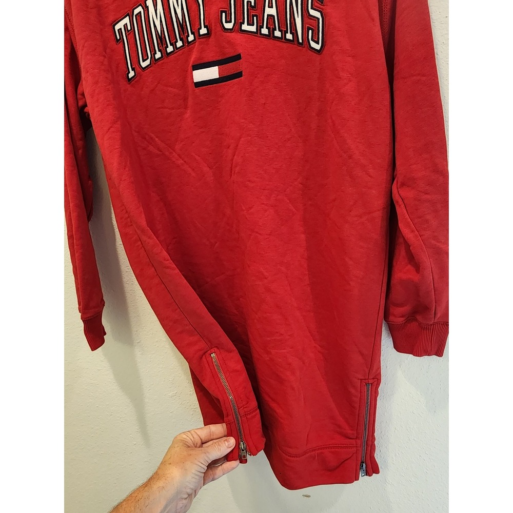 Tommy Jeans Womens XS Red Logo Oversized Sweatshirt Dress Side Zip Pullover - Picture 3 of 6